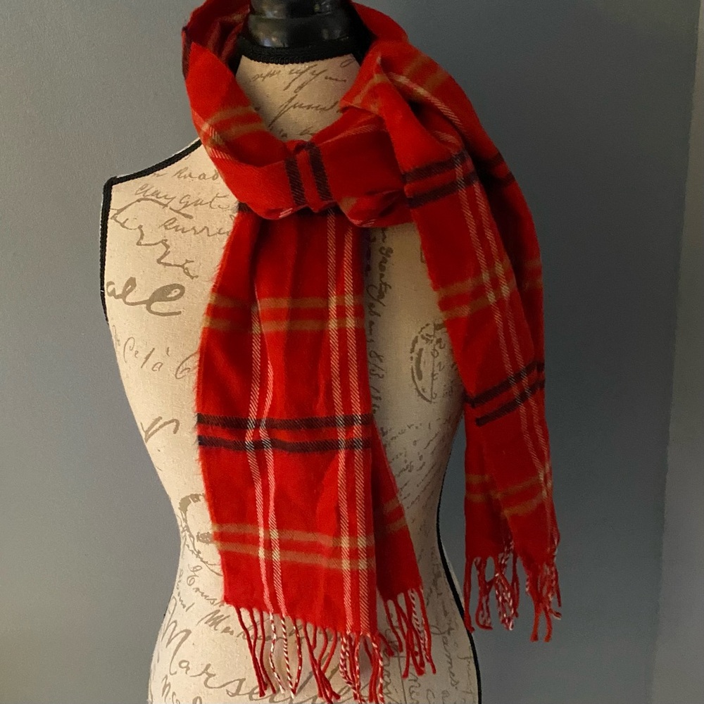 100% Cashmere Plaid Fringe Scarf Made In Scotland Red White Black Winter 13x72”